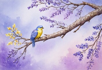 A blue and yellow bird perched on a flowering branch with soft watercolor hues.