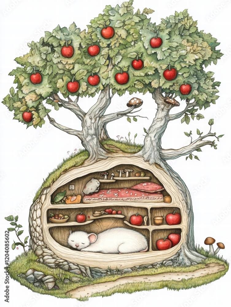 Poster cozy mouse home nestled beneath an apple tree with charming details in a whimsical landscape setting