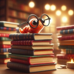 Bookworm's Paradise A stack of books with a tiny worm wearing gl