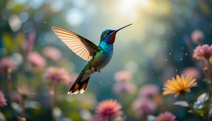Obraz premium A stunning hummingbird hovers gracefully in a sunlit garden, displaying vibrant feathers. The serene background enhances the beauty of this delicate bird captured mid-flight.