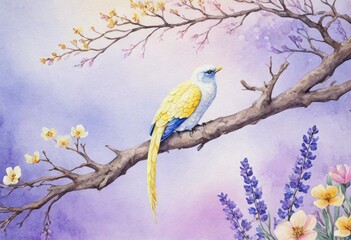A blue and yellow bird perched on a flowering branch with soft watercolor hues.