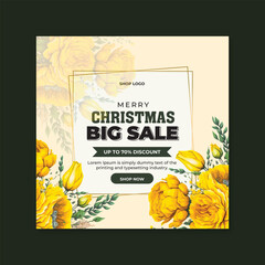 Watercolor Christmas big sale  social media post template design with luxury gold abstract background. Hand drawn birthday invitation flyer template