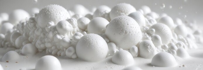 Soft and airy white bubble foam on a neutral white surface, white on white, bright, soapsuds, delicate, gentle