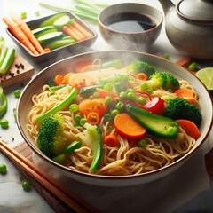 Chinese noodles with vegetables steaming white background