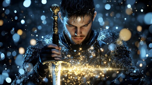 Enigmatic Knight Holding Sword Surrounded by Magical Sparkles in Dark Mysterious Environment