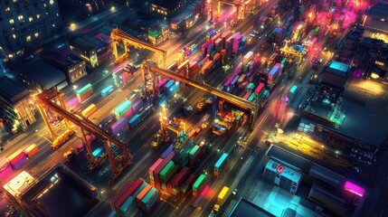 Aerial night view of a busy container port, vibrant lights, nighttime freight