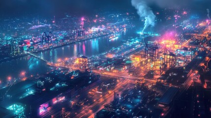Fototapeta premium Aerial night view of a busy container port, vibrant lights, nighttime freight
