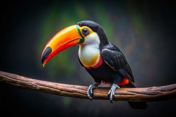 Vibrant Toucan on Black Branch: Miniature Tilt-Shift Bird Photography