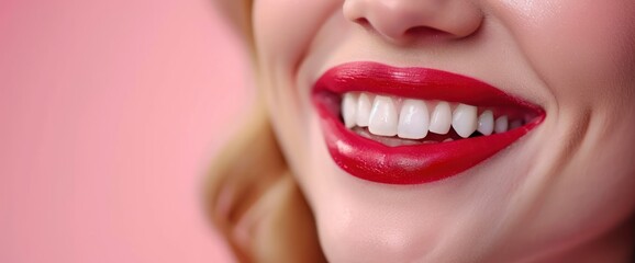 Naklejka premium Close-up smile, red lipstick, pink background. Dental health ad