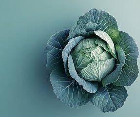 Obraz premium A Single Head Of Green Cabbage On A Teal Background