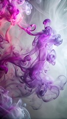 Fototapeta premium Vibrant swirls of purple and pink hues amidst wispy tendrils of smoke against a soft gray background