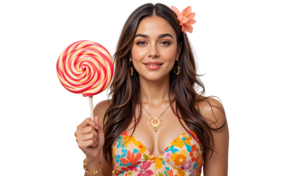 Playful pose: Woman in sundress holding lollipop
 - Powered by Adobe