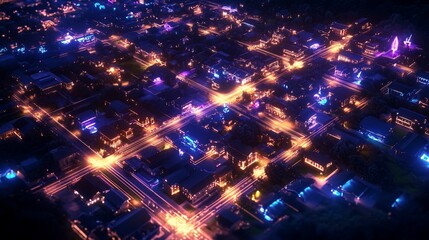 Obraz premium Night city aerial view, illuminated streets, suburban homes, glowing lights, urban landscape, website banner