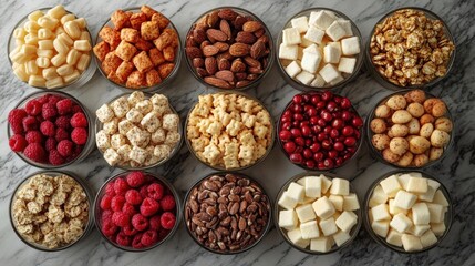 A delightful assortment of sweet and savory snacks arranged in bowls, offering a tempting variety of textures and flavors.