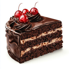 Delicious chocolate cake slice topped with cherries and cream