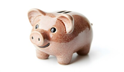 A smiling ceramic piggy bank sits on a white background