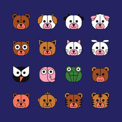 Vector illustration of stylized animal faces, a bear, cow, dog, pig, sheep, rabbit, cat, elephant, owl, frog, monkey, chicken and tiger