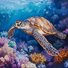 Obraz premium Majestic Sea Turtle Gracefully Swims Through Vibrant Coral Reef