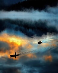 Fishermen casting nets into a calm river morning reflections nature tranquil environment serene viewpoint