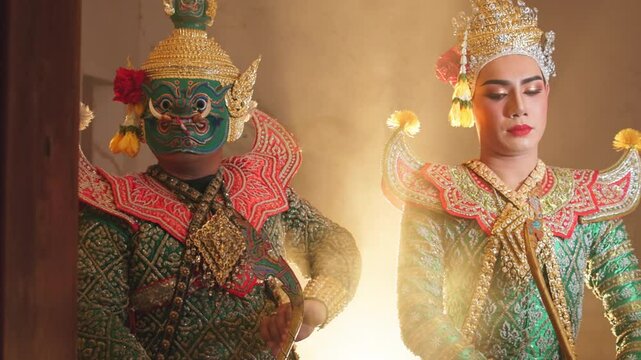 Thai Khon performers in elaborate costumes of Thotsakan, Ritik, and Nang Sida