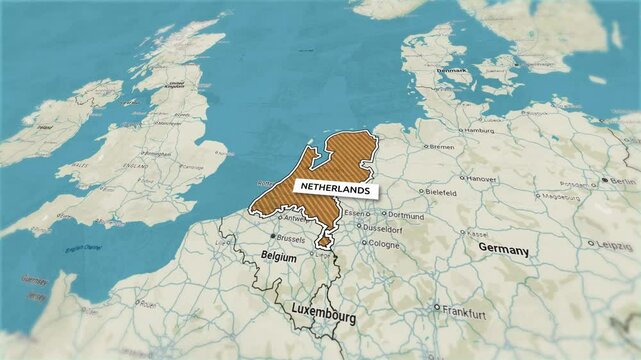Borders of the state of Netherlands on the map. Country Netherlands on the map is highlighted by a polygonal border. From above zooming in with panoramic view