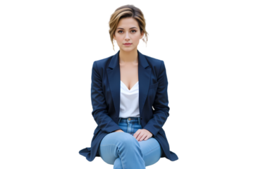 Stylish woman in blazer and jeans seated casually
