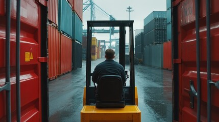 Back view of logistics coordinator driving a container forklift, container being lifted at shipping port, front view, cargo handling efficiency animation Triadic Color Scheme