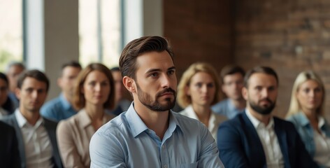 Man, thinking or crowd at seminar for business, planning or future question for development.