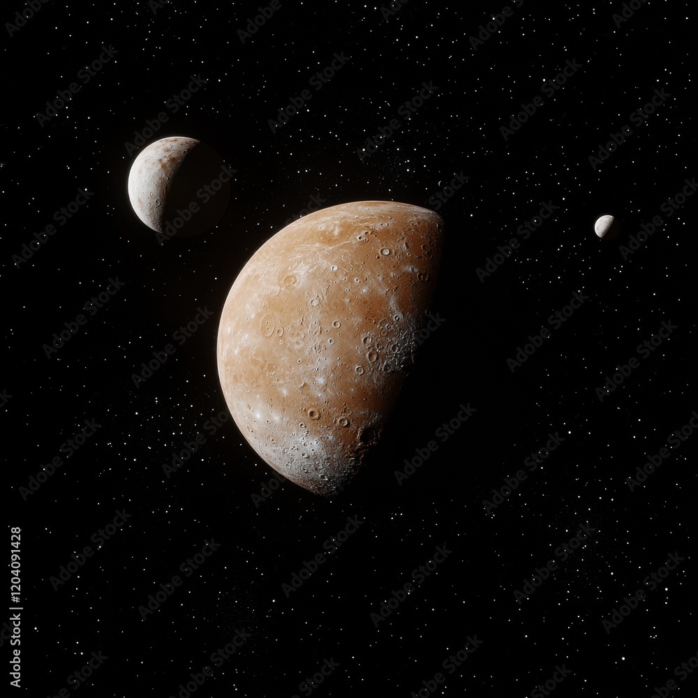 Poster exploring dwarf planets and moons in outer space celestial bodies digital art universe cosmic perspe