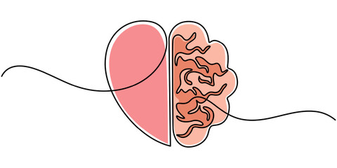 One line drawing of half of a human brain and a human heart. Vector illustration, One continuous line drawing of half of a human brain and love in the shape of a heart logo icon. Philosophical of love