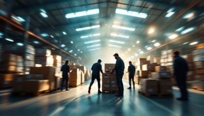 Busy warehouse with workers handling cardboard boxes in the large industrial space