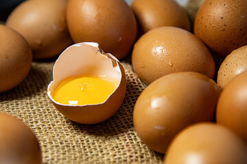 Close-Up of Eggs on a Rustic Sackcloth. Macro photo of an egg