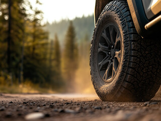 Off-Road Adventure: Rugged Tire Kicking Up Dust on a Scenic Forest Trail