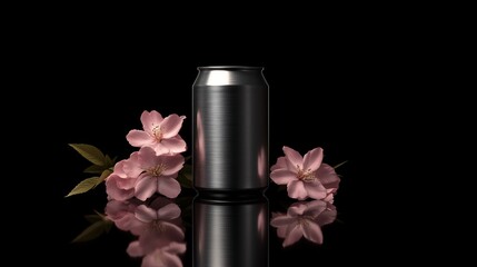 An empty aluminum can with a sleek design, placed on a reflective black surface.