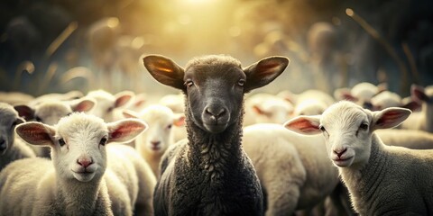 Fototapeta premium Vintage Black and White Photo of Lamb in a Flock