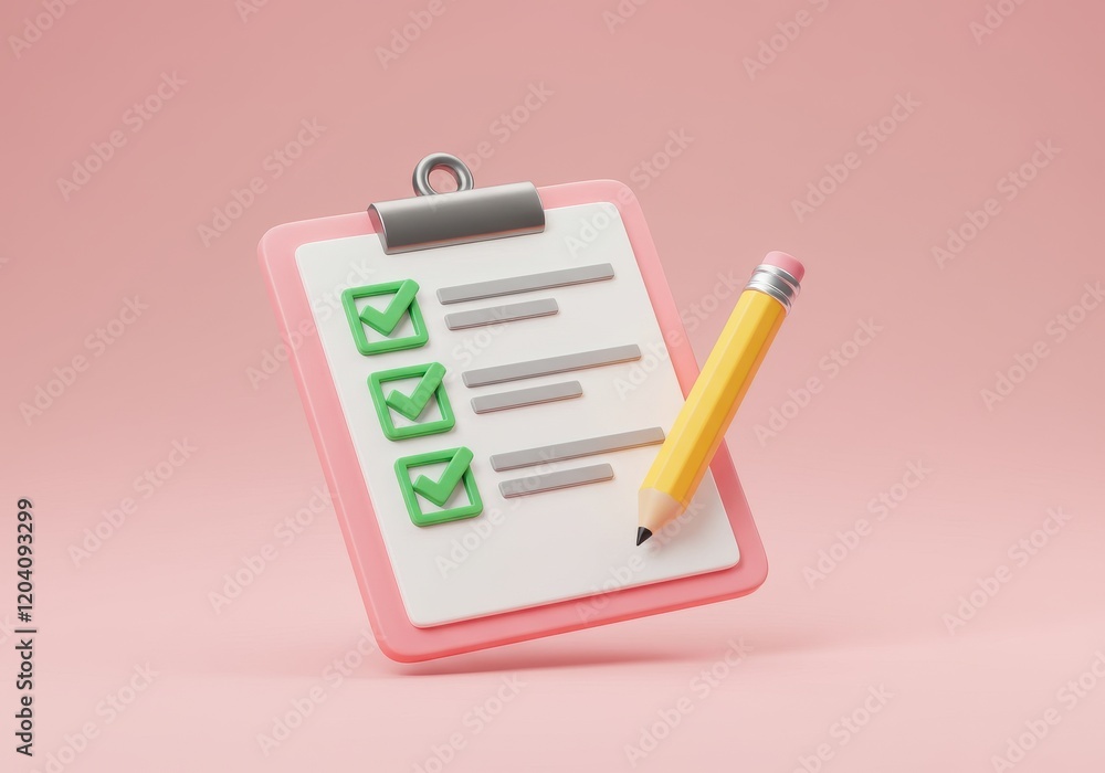 Poster a 3d illustration of a checklist with three green checkmarks on a piece of white paper placed on a p