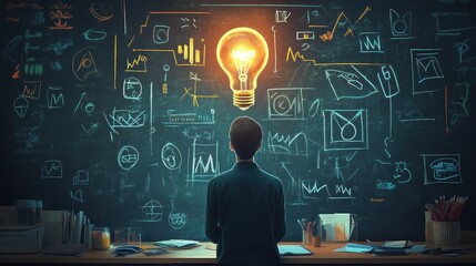 Back view, The teacher stands in front of the blackboard., with a bright light bulb above, surrounded by digital and technological symbols icons animation Triadic Color Scheme 