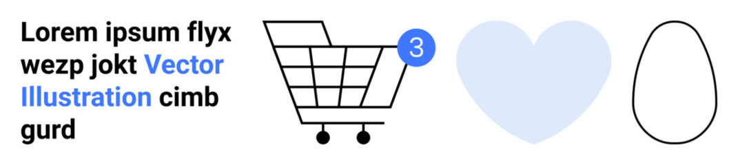 Shopping cart with notification badge, blue heart, and line art egg. Ideal for shopping apps, e-commerce, notifications, love themes, minimalistic design, product icons, website graphics. Landing