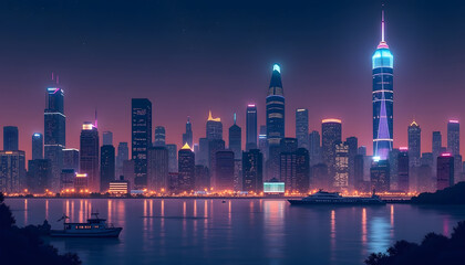 Fototapeta premium Futuristic Cityscape at Night with Neon Lights Reflecting on Water