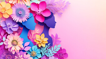 Obraz premium International Women's Day background design with colorful paper flower arrangement on vibrant tones, suitable for festive posters, event banners, or creative projects.