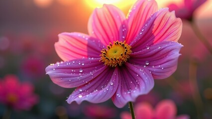 Obraz premium Close-up of a pink cosmos flower with dew drops 