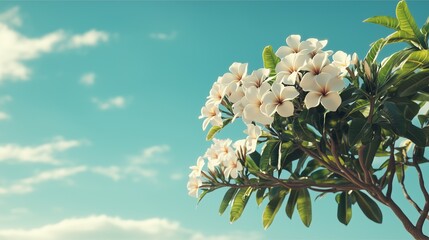 Vibrant Plumeria Tree in Bloom Against a Clear Blue Sky