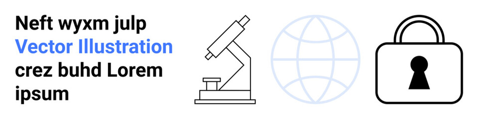 Microscope, globe outline, and padlock. Ideal for scientific research, global connectivity, data security, online privacy, educational materials technical manuals and infographic elements. Landing