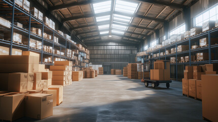 Large Warehouse with Rows of Shelved Boxes and Piles on the Floor