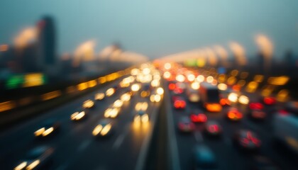 Blurred highway traffic at dusk with car lights creating abstract patterns and a city skyline in the background