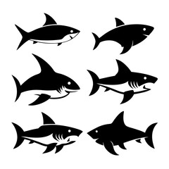 Simple Black and White Shark Silhouettes icon set