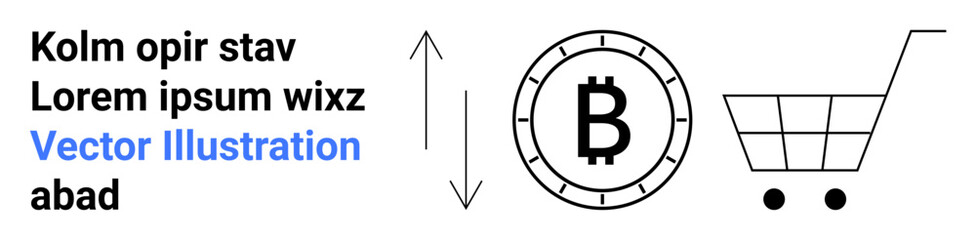 Bitcoin symbol inside a coin, shopping cart, black arrow pointing up and down, and Lorem Ipsum text. Ideal for cryptocurrency, e-commerce, financial transactions, economy, digital currency, online