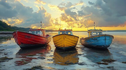Fototapeta premium Colorful fishing boats at sunset, tranquil beach, calm sea. Stock photo for travel, tourism