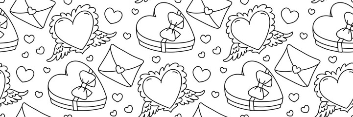 Valentines Day festive doodle pattern. Heart with angel wings. Heart-shaped box of chocolates with bow, envelope. Cute flying symbol Cupid. Line art romantic Background. Vector outline illustration.