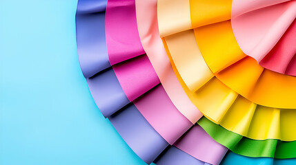 Obraz premium A vibrant array of colorful fabric swatches arranged in a circular pattern against a light blue background.